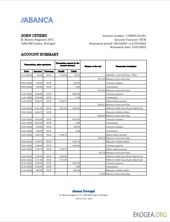 Modèle Excel et PDF de relevé bancaire Portugal Abanca